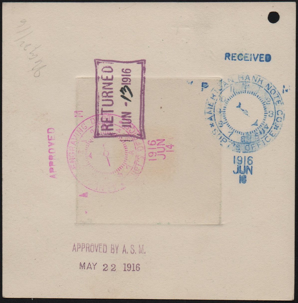 ABN Co. stamp archive working die proof of 1c - back - timbres-poste Briefmarken stamps El Salvador Tram Trolley Tranvia National Theatre teatro nacional 